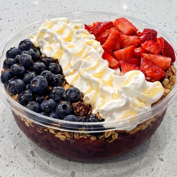 Layered berry parfait topped with blueberries, strawberries, granola, whipped cream, and honey in a clear bowl.